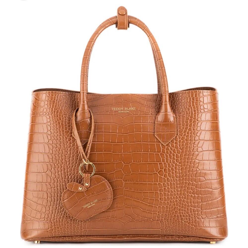NWT Teddy Blake Vanessa Croco Embossed Italian Leather Tote Bag Cognac Brown